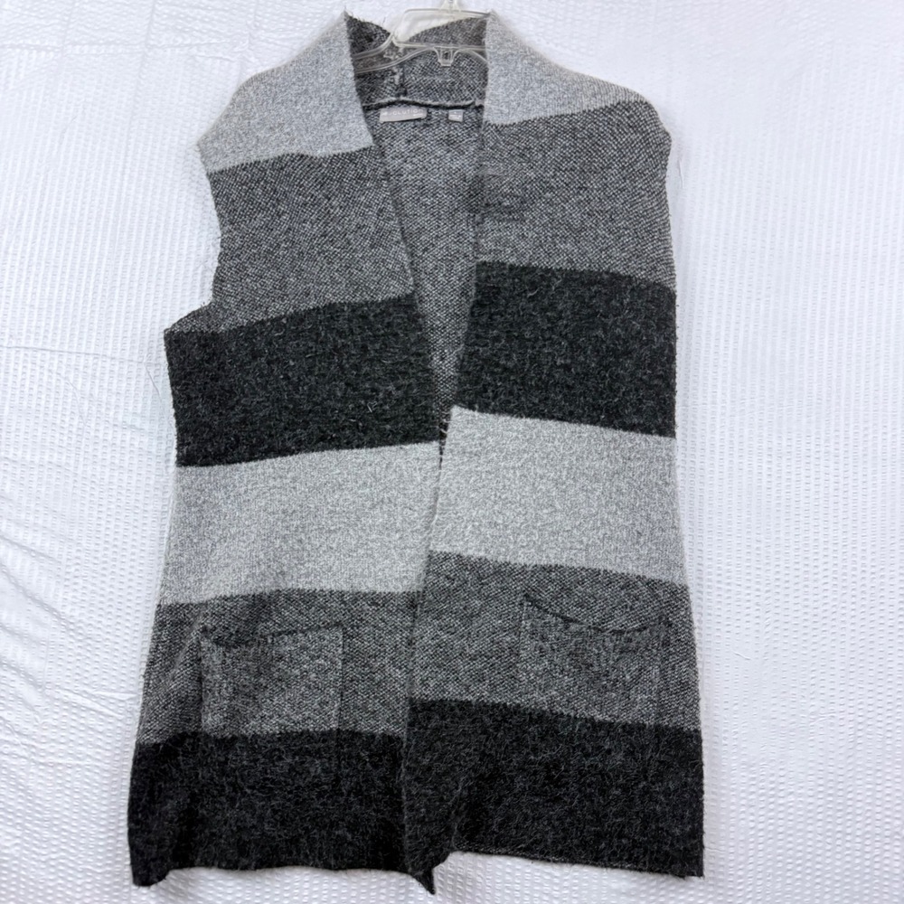 Evolution by Cyrus Womens Grey Striped Knit Open Front Vest Mock Neck Large